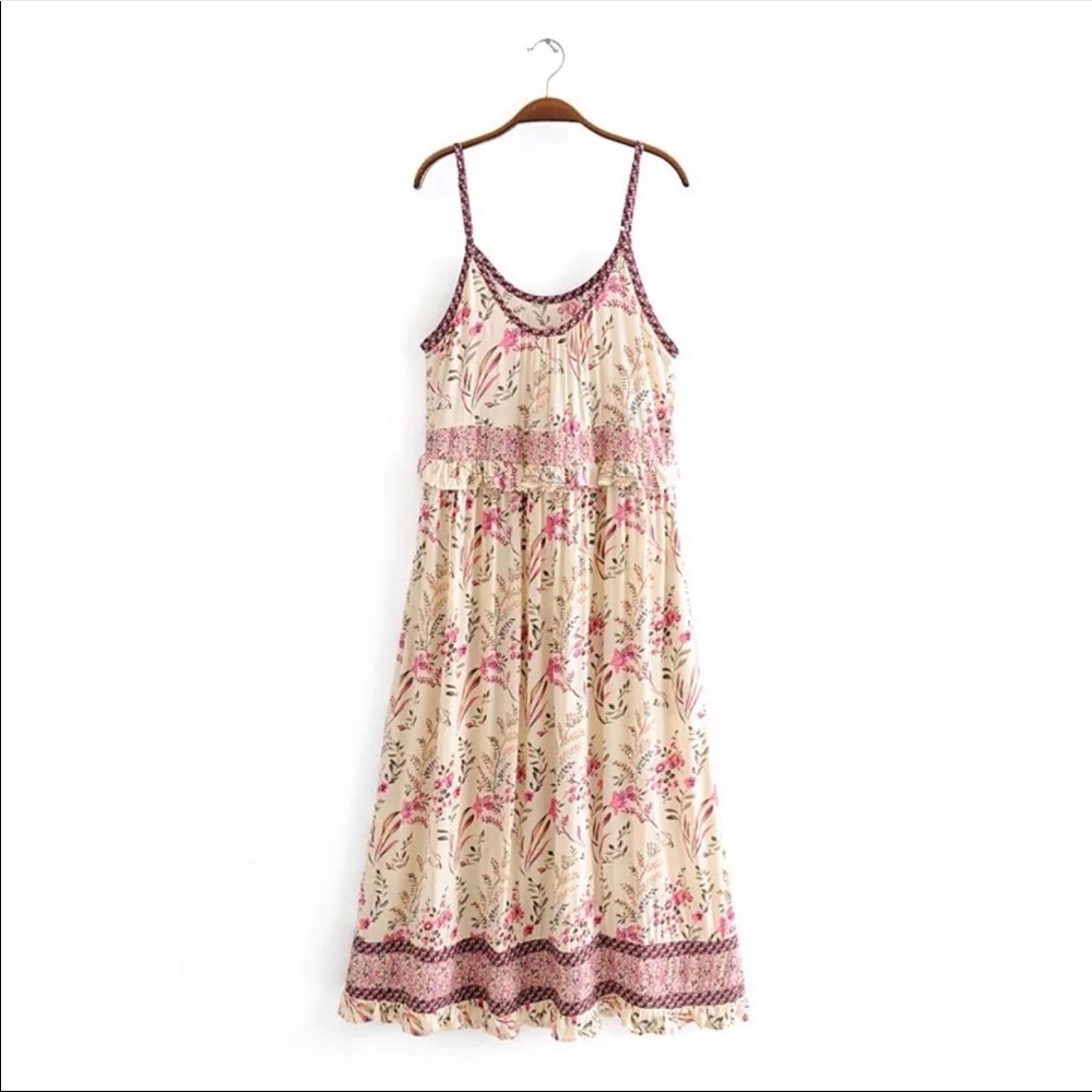 Boho Floral Gypsy Print Midi Ruffle Dress pink - Picture 4 of 15